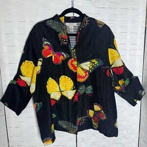 Nexx Woman Silk Linen Black Colorful Butterfly Kimono Button Down Jacket Size 1X